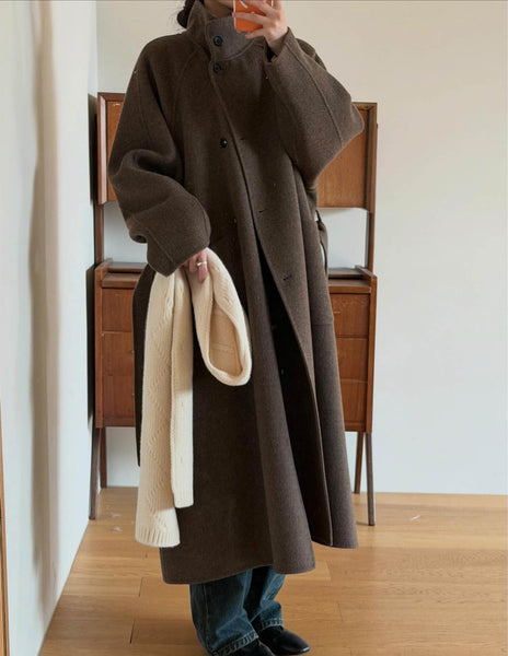 FAYE WOOL FUNNEL NECK COAT BROWN – SANNA New York