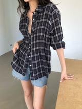 PLAID SHIRRED WAIST SHIRT
