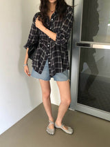 PLAID SHIRRED WAIST SHIRT