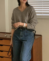 RELAXED LIGHTWEIGHT WOOL BLEND V NECK GREY