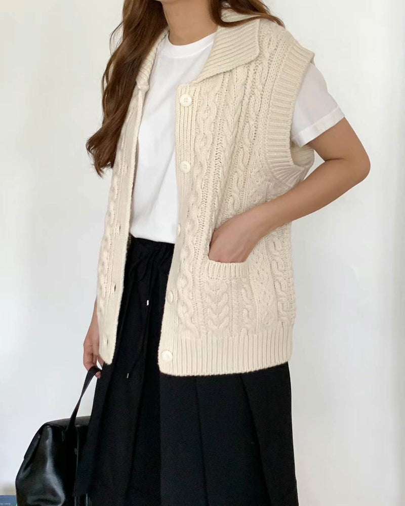 Chunky Cable Knit Buttoned Vest Ivory