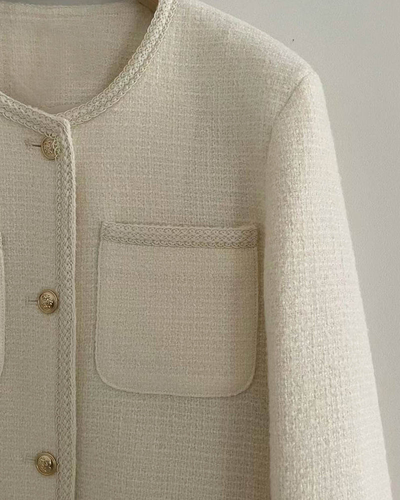 CHANEL CC Logo Lurex Tweed Cropped Jacket Ivory Black