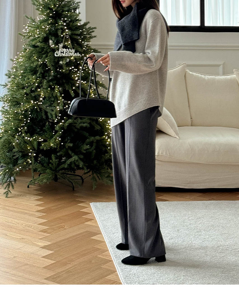 Asymmetric Wool Cashmere Blend Crew Grey