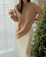 Asymmetric Wool Cashmere Blend Crew Camel