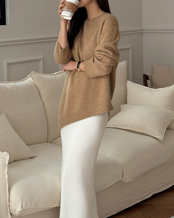Asymmetric Wool Cashmere Blend Crew Camel