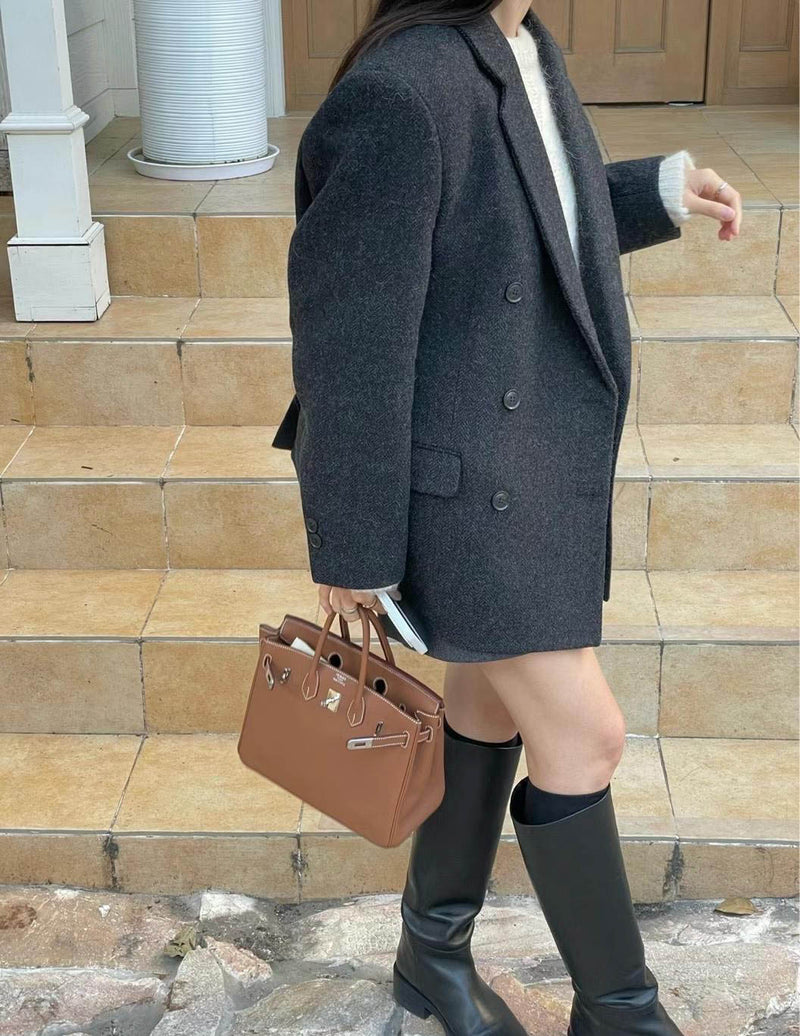 CHARCOAL HERRINGBONE WOOL BLAZER JACKET