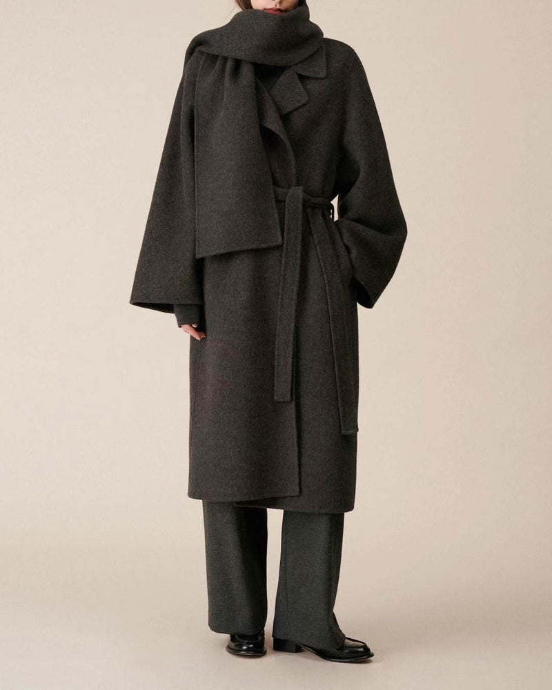 sanna ny saire wool wrap coat with scarf charcoal
